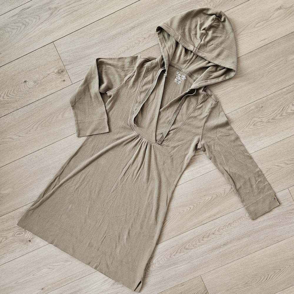 Tommy Hilfiger Olive Green Hooded 3/4 Sleeve Wrap V-Neck Tunic / Mini Dress, Med